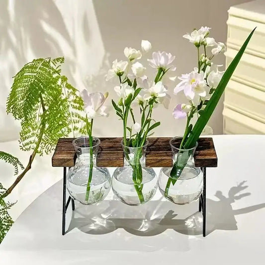 Creative Wooden Bench Hydroponic Plant Container Series Retro Light Bulb Vase Indoor Bonsai Home Desktop Decor Flower Pot