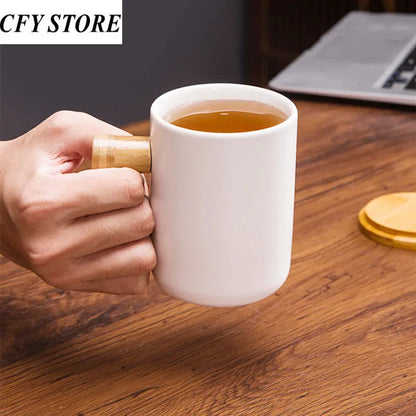380ml Creative Ceramic Coffee Mugs with Bamboo Handle and Lid Home Office Coffee Cup Hot Water Mug Drinkware