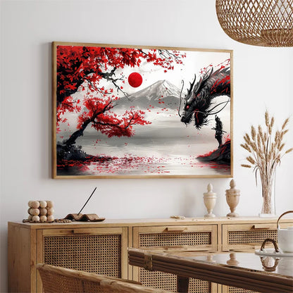 Japanese Landscape Ink Painting Poster Mountain Cherry Blossom Flowers Samurai Dragon Koi Canvas Picture Wall Art Home Decor