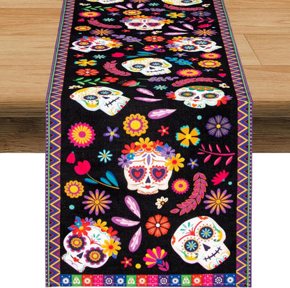 Mexican Day of The Dead Sugar Skull Linen Table Runners Mexico Fiesta Dia De Los Muertos Home Decor Halloween Theme Party Decor