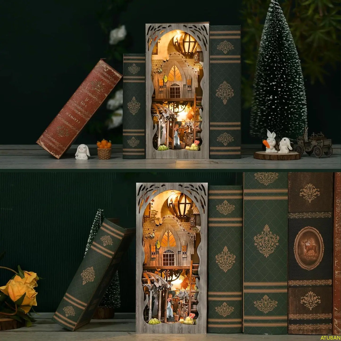 DIY Book Nook Kit, DIY Miniature Dollhouse Booknook Kit, Wooden 3D Puzzle Bookend Bookshelf Insert Decor for Teens and Adults
