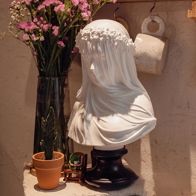 Buste de dame voilée, Statue de jeune fille de mariée italienne, Sculpture de buste, décoration de maison, esthétique pour la maison, ornement de Collection d'art