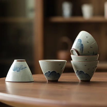 Hand drawn grass gray ceramic underglaze colored mountain and water hat tea cup Kung Fu tea set tea drinking tea single cup