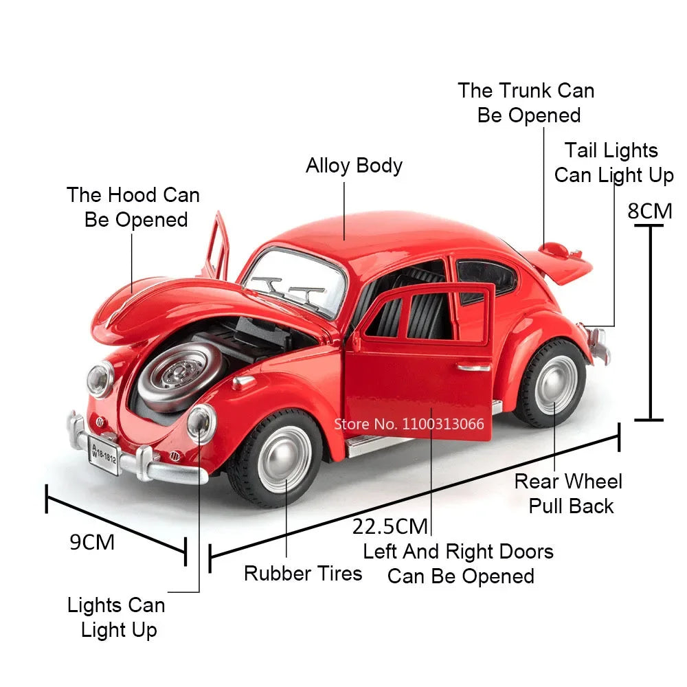 1:18 Scale Beetle 1955 Models Cars Alloy Diecast Toys Light Music Car Rubber Tires Pull Back Vehicles for Kids Collection Gifts