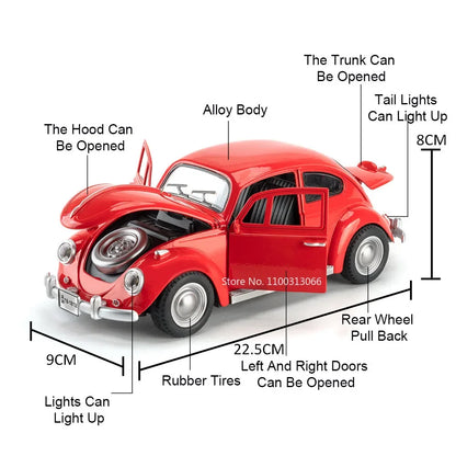 1:18 Scale Beetle 1955 Models Cars Alloy Diecast Toys Light Music Car Rubber Tires Pull Back Vehicles for Kids Collection Gifts