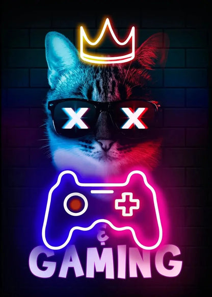 Nordic Neon Cat and Gaming Controller Quotes HD Posters Canvas Painting for Wall Art Mural Gamer Boys Girls Room Decor No Lights