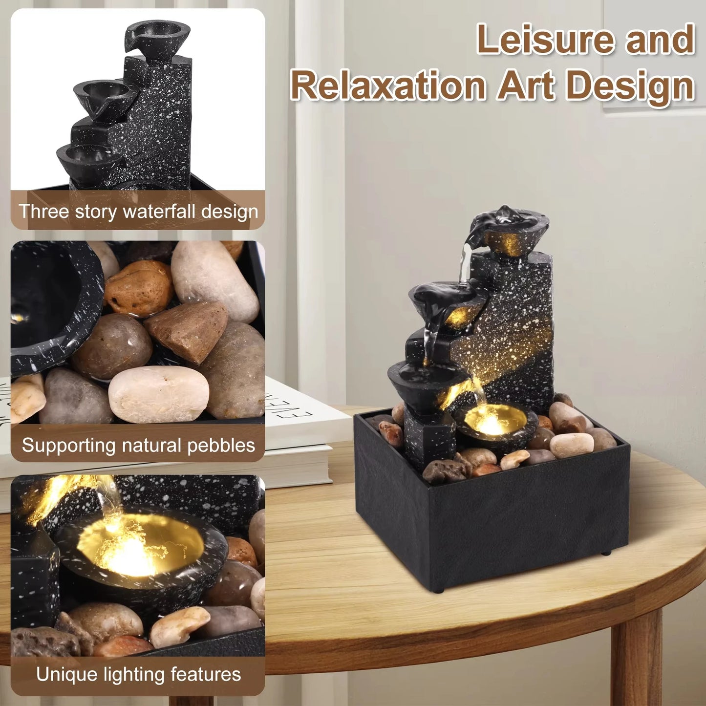 abletop Waterfall Home Decor Relaxation Meditation Desktop Fountain with Soft Lights Flowing Water Ornaments