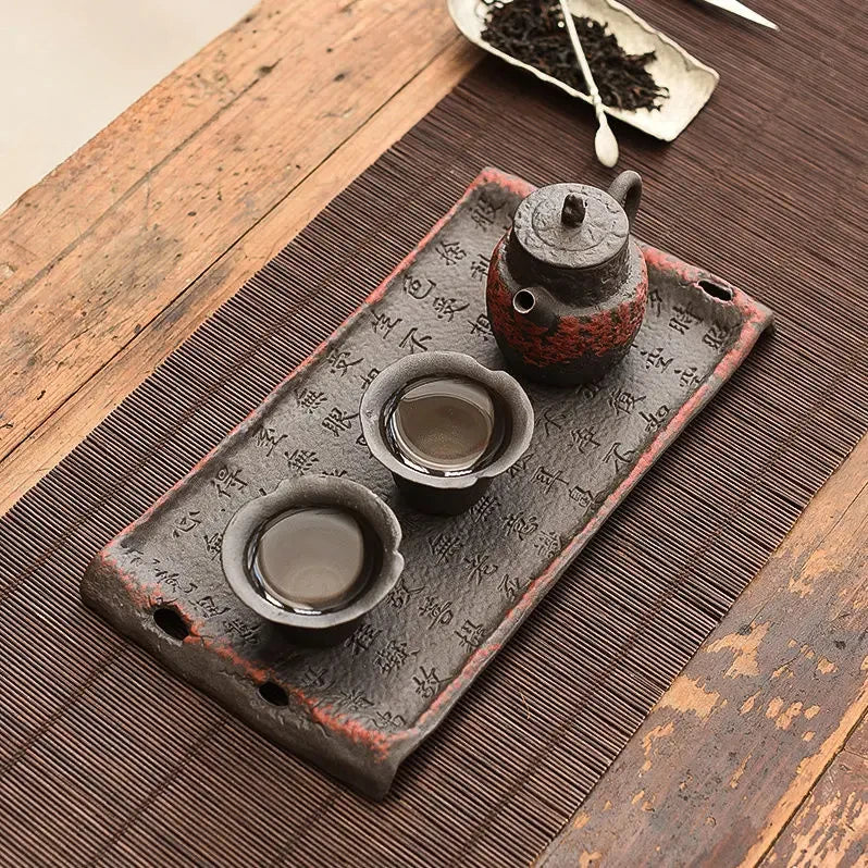 Retro Home Dry Tea Tray Rough Ceramic Retro Old Rock Mud Tea Tray Kung Fu Tea Set Ceramic Tray Tea Table Desktop Rectangular