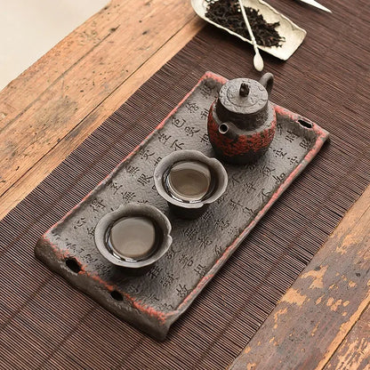 Retro Home Dry Tea Tray Rough Ceramic Retro Old Rock Mud Tea Tray Kung Fu Tea Set Ceramic Tray Tea Table Desktop Rectangular
