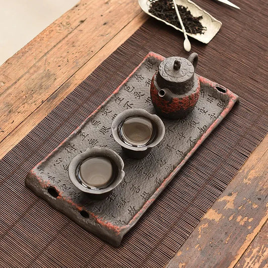 Retro Home Dry Tea Tray Rough Ceramic Retro Old Rock Mud Tea Tray Kung Fu Tea Set Ceramic Tray Tea Table Desktop Rectangular