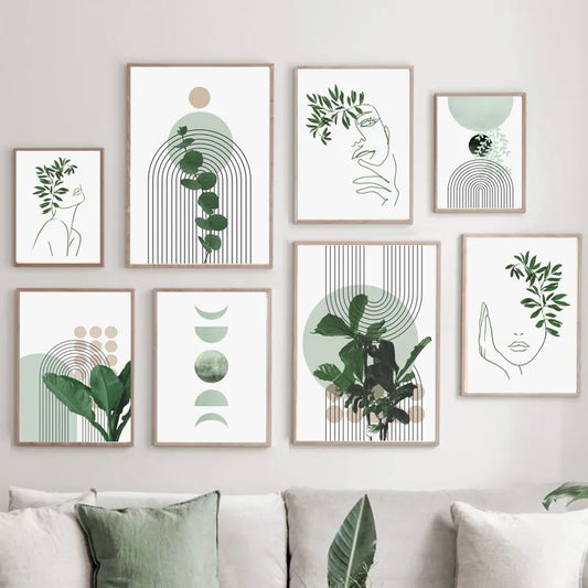 Boho Green Leaves Sun Lines Rainbow Girl Face Wall Art Canvas Painting Abstract Posters & Prints Pictures For Living Room Decor