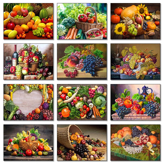 Nordic Vegetables and Fruits in Basket Poster Canvas Painting Colorful Food Wall Art for Dining Room Kitchen Decor Frameless