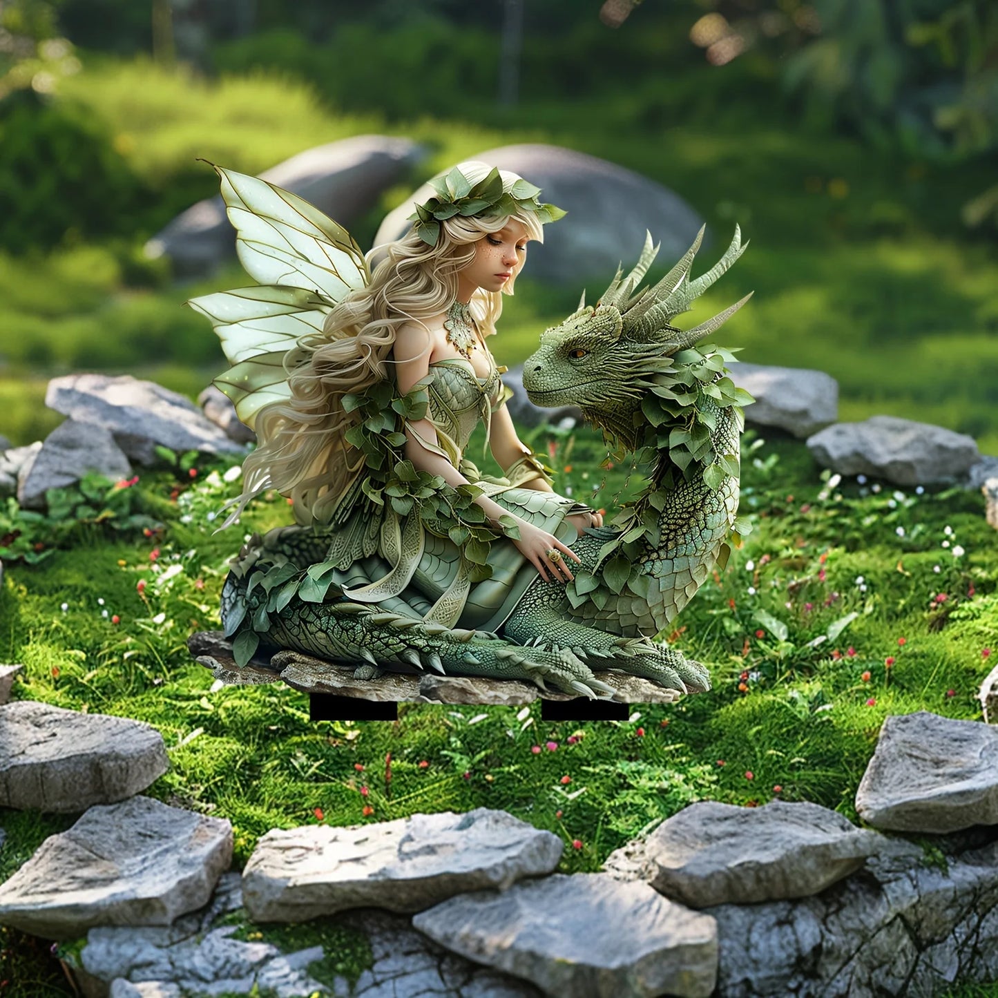 Charming Green Fairy with Dragon Garden Pile - Acrylic Outdoor Art, Bohemian Style Patio Decor, Flower Pot Landscape Accessories