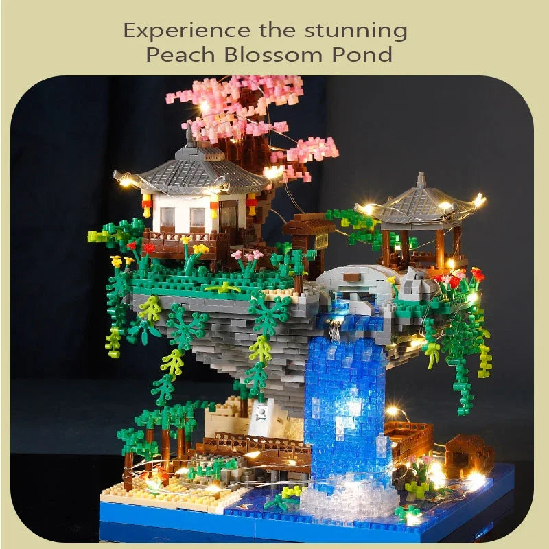 Château d'étang en fleurs de pêcher, Architecture ancienne, modèle de bloc de construction à assembler, jouet pour enfants, haute difficulté