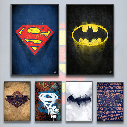 DC Super Hero Logo Self-adhesive Poster Movie Figures Home Decoration Painting Wall Art Bedroom SuperMan Decor Batman Wallpaper
