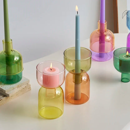Candle Holder for Pillar Candles Stand Home Decor Colorful Glass Flower Vase Decorative Bottle Jar Storage Bowl Plant Container