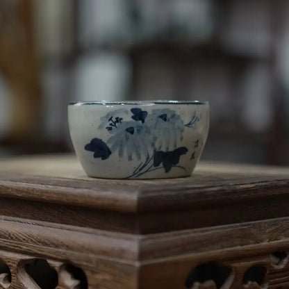 Hand-Painted Blue & White Coarse Pottery Teacup Set - Ceramic Gongfu Tea Cup, Small Cup for Pu'er Tea Ceremony