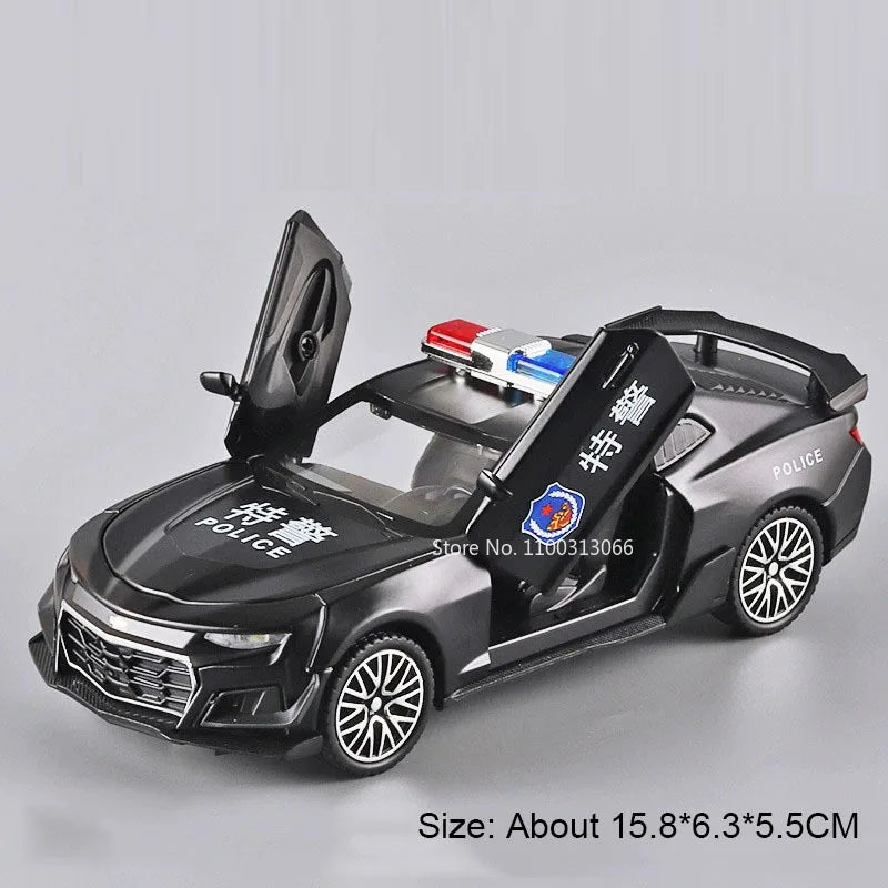 1:32 Camaro Cars Alloy Toys Diecasting Models with Sound Light Vehicles Rubber Tires Police Car for Boys Adult Festival Gifts