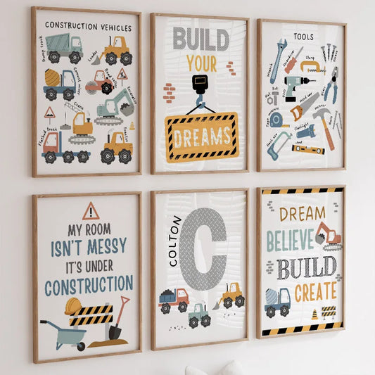 Cartoon Forklift Excavator Car Mud Truck Nursery Wall Art Children's Posters And Prints For Baby Kids Room Decor Canvas Painting
