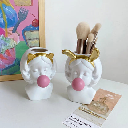 Figurine de gomme à bulles pour fille mignonne, Vase de fleur en résine, Pot de fleur décoratif, Pot de plante artificielle, ornement de maison