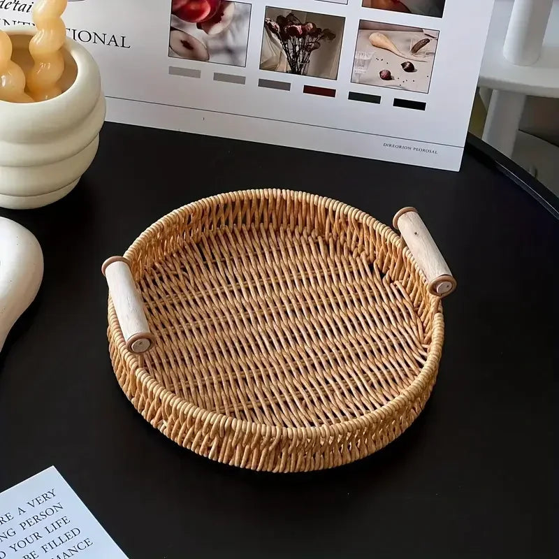 1/3 Piece Hand Woven Imitation Rattan Round Storage Tray Wooden Vintage Imitation Rattan Fruit Basket Snack Tray Storage Tray