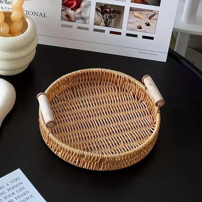 1/3 Piece Hand Woven Imitation Rattan Round Storage Tray Wooden Vintage Imitation Rattan Fruit Basket Snack Tray Storage Tray