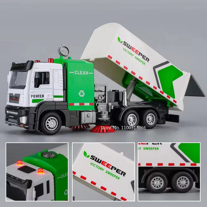 1:32 Urban Sweeping Trucks Toys Models Cars Doors Opened Pull Back Anti Haze Truck Miniature Sanitation Vehicles for Child Gifts