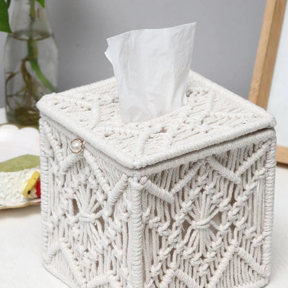 Tissue Box Boho Decor Square Paper Tissue Holder with Bead Buckle Handmade Woven Tissues Organizer Fashion Tissue Cube New