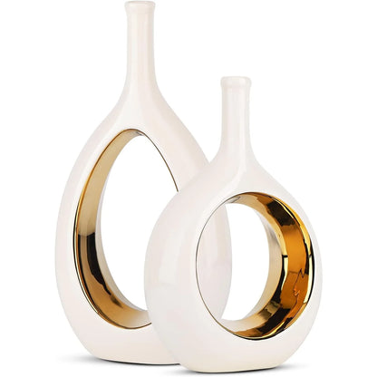 Vase en céramique blanc et doré, 2 pièces, décoration de maison, Vase décoratif moderne minimaliste en cercle, vases à fleurs en Ellipse creuses, centres de table
