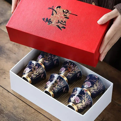 Ceramic Tea Cup with Gold Outline Chinese Kung Fu Master Cup Creative Gift Box Set of 6 Unique  Stylish Tea Drinking Accessories