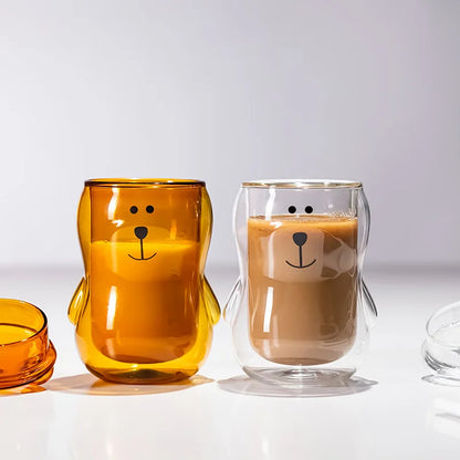 Creative 300ML Bear Double Cup Personalized Coffee Mug with Cover Transparent Glass Coffee Cup Cute Cartoon Amber Bear Mugs