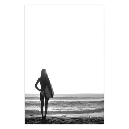 Black and White Wall Art Seascape Canvas Print Poster Beach Girl Surfboard Painting Landscape Tropical Palm Picture Home Decor