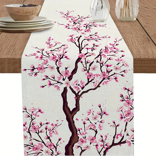 Spring Cherry Blossom Printed Linen Table Runner Holiday Party Decor Summer Pink Sakura Tree Table Runners Dining Table Decor