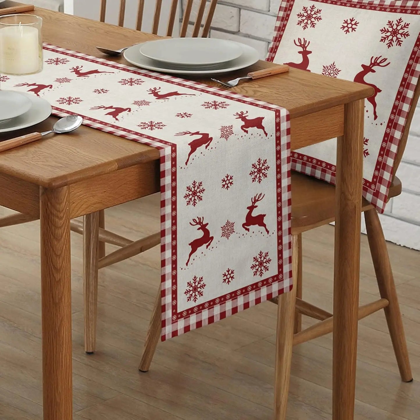 Christmas Elk Deer Snowflake Linen Table Runner Table Decor Winter Xmas Reindeer Plaid Dining Table Runners Christmas Decoration