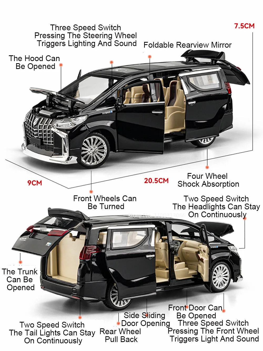 1:24 Alphard Coaster Model Cars Alloy Toy Doors Opened MPV Models with Light Music Vehicle for Kids Birthday Gift Decoration Toy