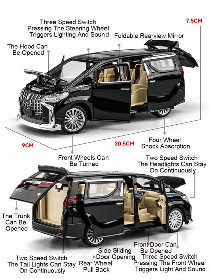 1:24 Alphard Coaster Model Cars Alloy Toy Doors Opened MPV Models with Light Music Vehicle for Kids Birthday Gift Decoration Toy