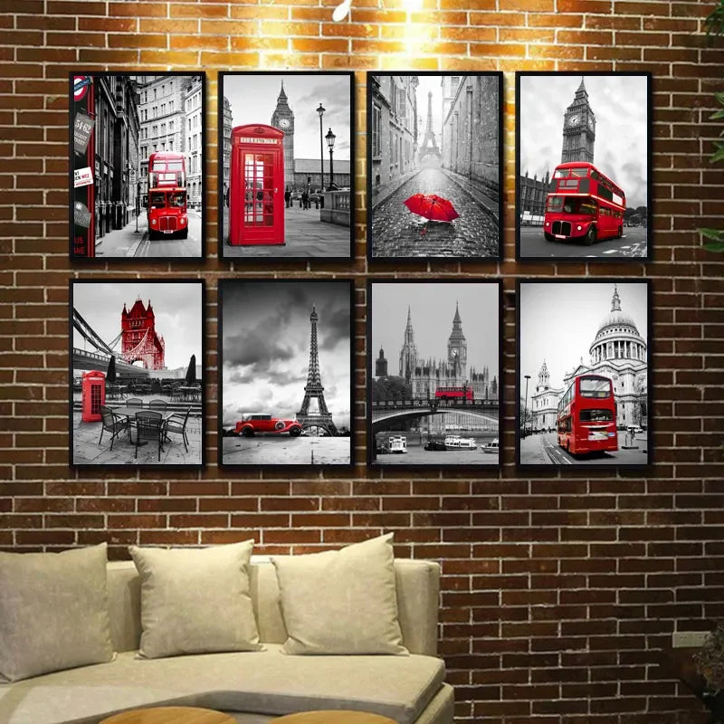Roman Architecture Street Red Bus London Black and White Poster Painted Canvas Living Room Bedroom Decoration for Art Lovers