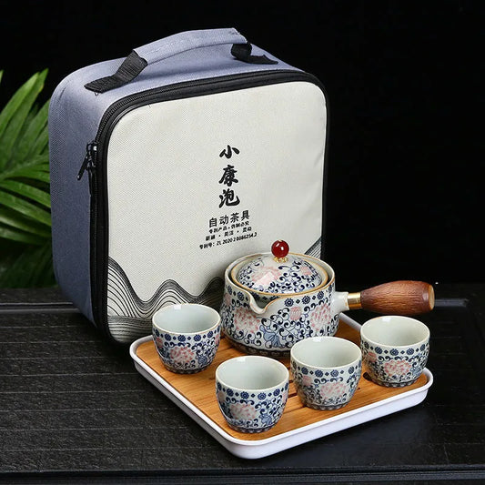Portable Porcelain Chinese Gongfu Tea Set Flower Exquisite Teapot Set with 360 Rotation Tea Maker Infuser with Teacup Gift Bag