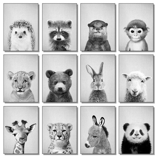 Black and White Animal Canvas Poster Panda Rabbit Fox Bear Otter Wall Art Picture for Living Room Bedroom Modern Home Decor Gift