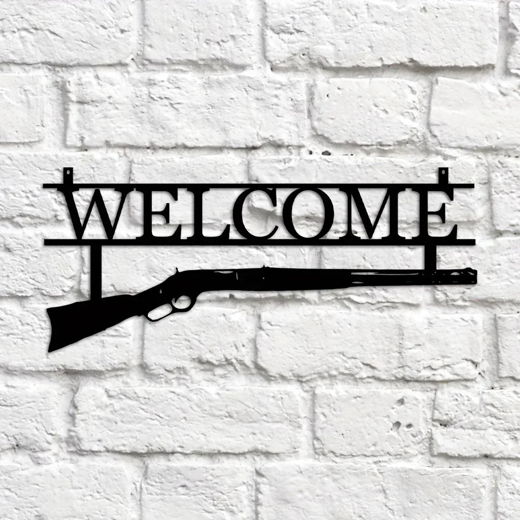 Welcome Sign Home Decor with A Unique Metal Gun Design Sign Hunting Lovers Wall Hanging Decor Metal Wall Mounted Art Livingroom