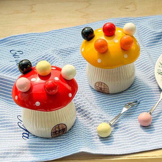 Cute Mushroom Fruit Fork Set Dessert Cake Stainless Steel Small Fork Storage Can Fruit Fork Home Decoration Kitchen Accessories