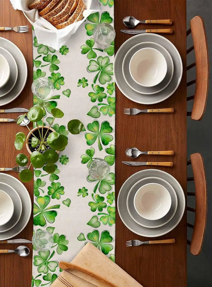St. Patrick's Day Shamrock Linen Table Runner Dresser Scarf Seasonal Spring Lucky Clover Green Table Runners Dining Table Decor