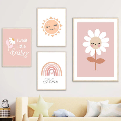 Cute Daisy Rainbow Sun Love Heart Personalized Name Poster of Wall Art Canvas Prints Picture Pink Girl Baby Kids Room Home Decor