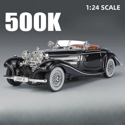 1/24 Scale 500K Vintage Car Model Toy Diecasts Alloy Sport Car Toys with Sound and Light Pull Back Vehicles for Children's Gifts