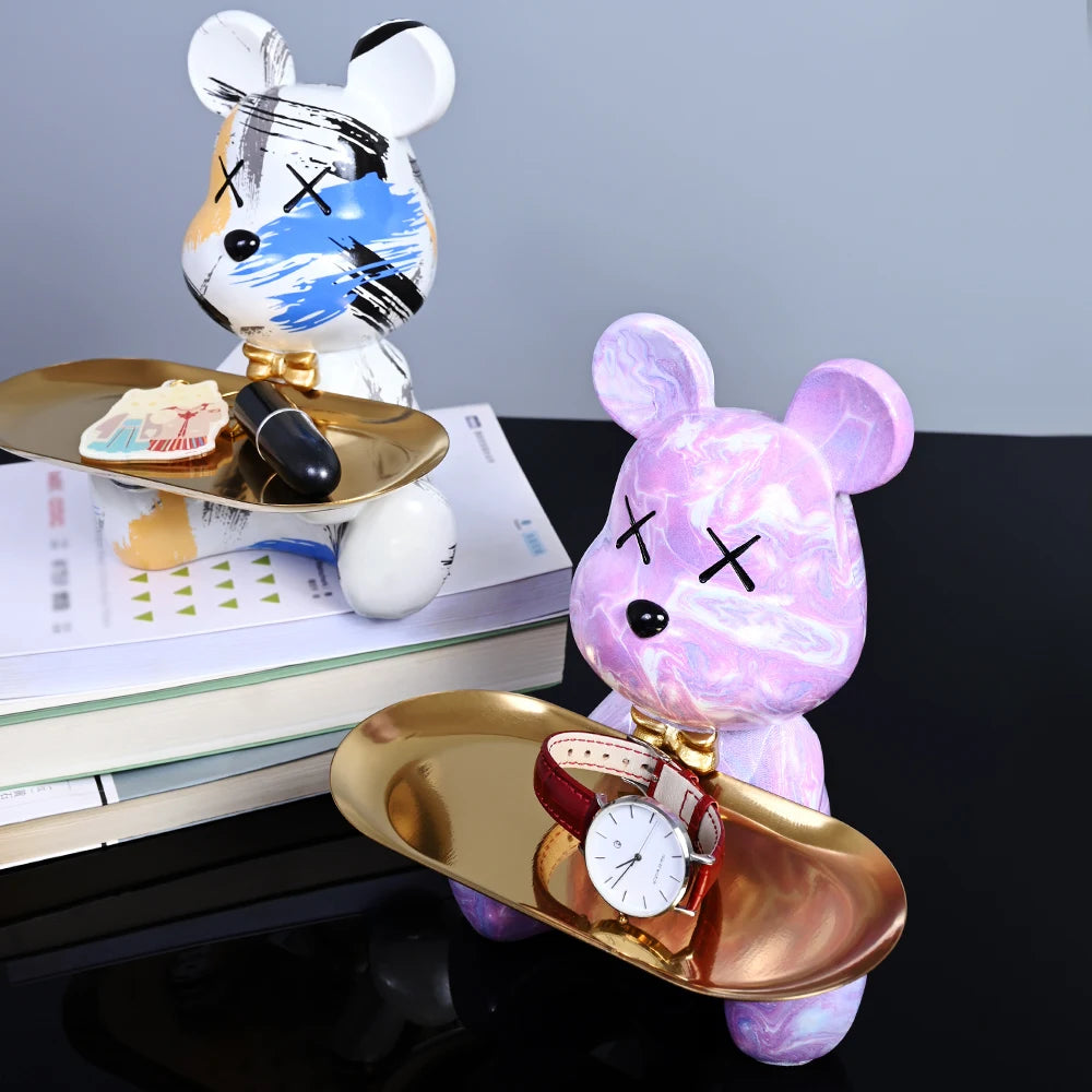 Interior Resin Colorful Bear with Tray for Keys Holder Table Decoration Accessories Animal Figurine Decorative Statues Home Gift