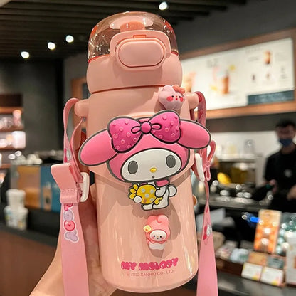 Sanrio Anime Kawaii Cinnamoroll Kulomi  Melody Cartoon GirlHeart Portable Thermos Cup Student Children's Straw Cup Birthday Gift