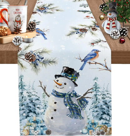 Christmas Snowman Snowflake Bird Xmas Tree Linen Table Runner Winter Xmas Holiday Kitchen Party Decor Christmas Decorations 2025