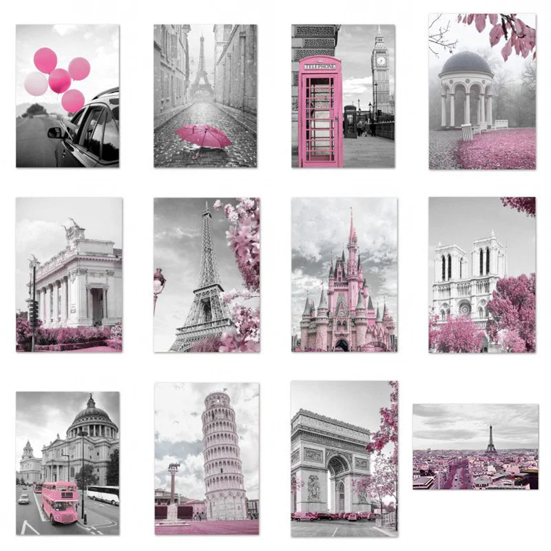 Paris Flower France City Building Posters and Prints Castle Pink and Black Wall Art Nordic Canvas Painting Pictures Room Decor