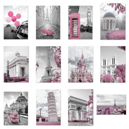 Paris Flower France City Building Posters and Prints Castle Pink and Black Wall Art Nordic Canvas Painting Pictures Room Decor