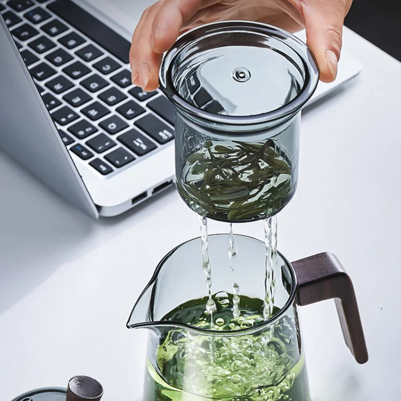 GIANXI Retro Glass Teapot Wood Handle Chinese Tea Ceremony Transparent Teawear Set Cup Filter High Boron Silicon Pot  530ML